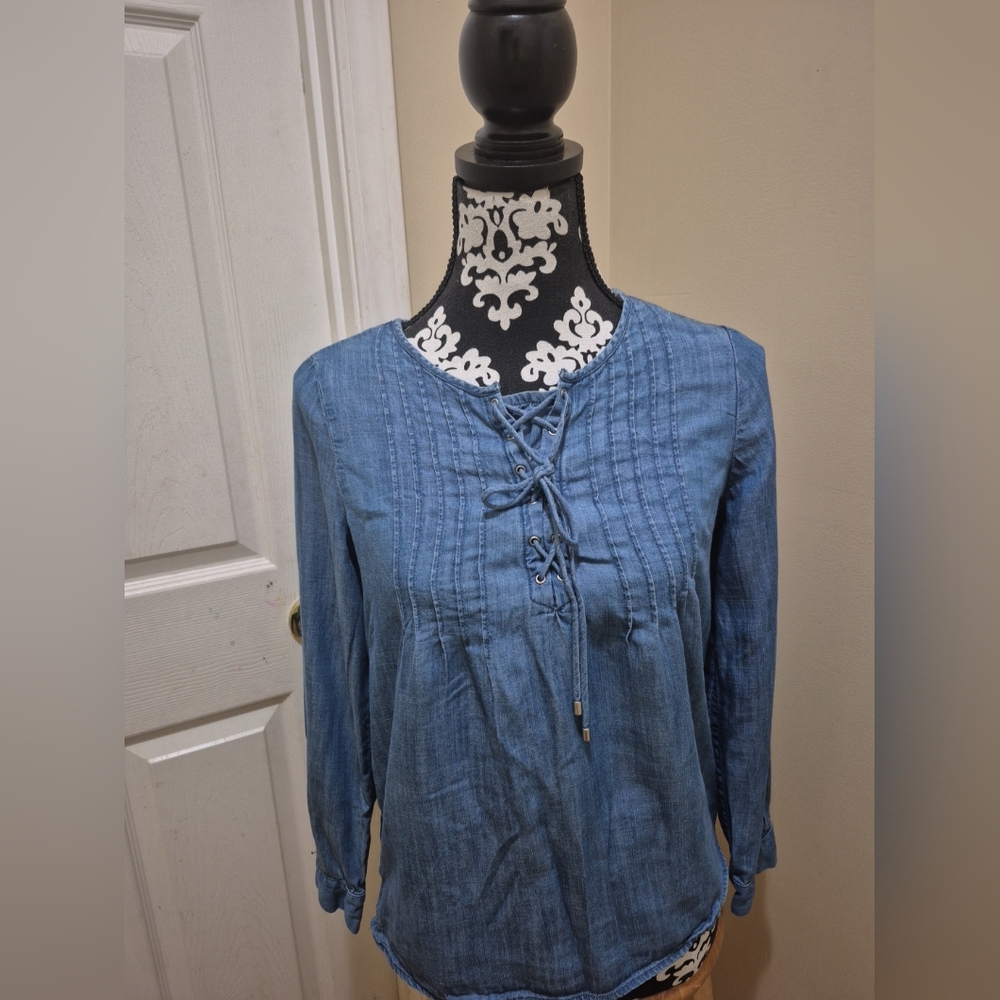 Talbots Blue Smocked Tie Front Blouse